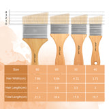 4pcs Bristle Angled Hake Brushes (sizes 80, 60, 50, 40) with dimensions chart.