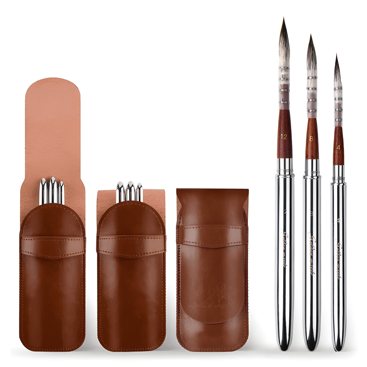 3PCS Natural Hair Travel Brush Set For Watercolor Inks Gouache Painting