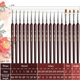 GoldenMaple 18pcs fine detail brush set. Displays various sizes & shapes: round, liner, flat, angle brushes with length guide.