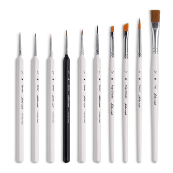 Paint brush set including Kolinsky Sable detail brushes, angle shaders, and flat brushes for fine detailing.