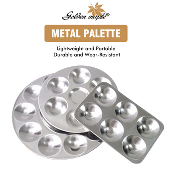 Lightweight, durable metal travel palettes: round & rectangular mixing wells for watercolor, acrylic, oil paints.