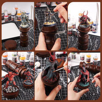 Collage of model painters using the ergonomic handle to paint various miniatures, showcasing precision and stability.