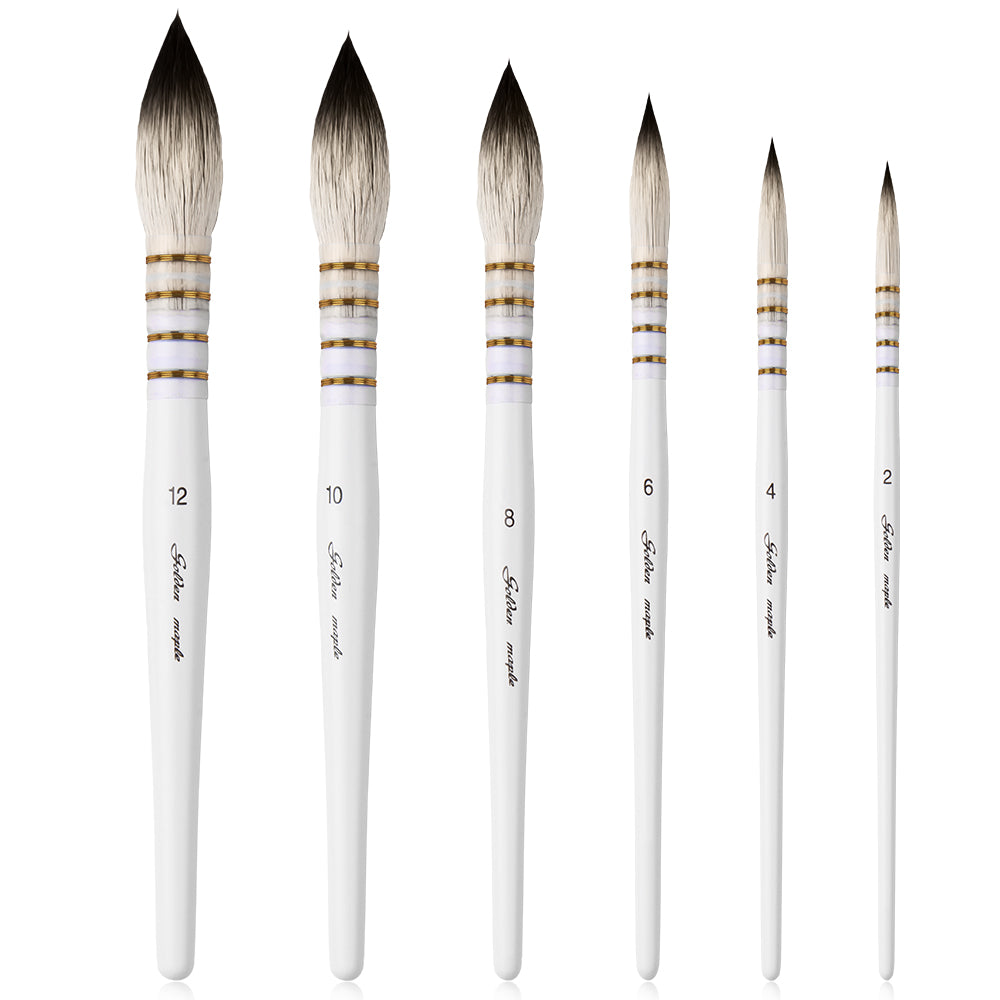 Golden Maple Premium Sable Hair 6PCS Mop Brush Set For Watercolor Acrylic Oil Painting Size 2/4/6/8/10/12