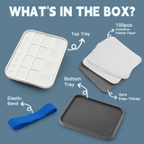 The wet palette includes a top tray, a bottom tray, palette paper, and an elastic band.
