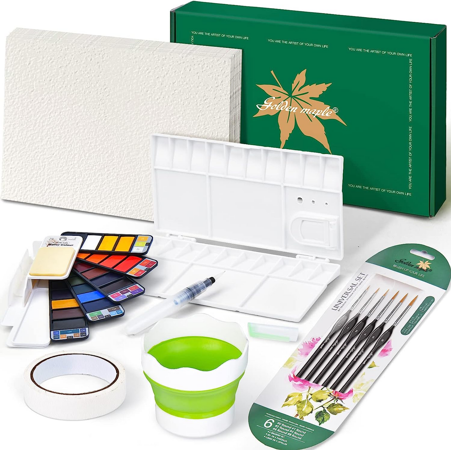 Goldenmaple & Seema Bisht Beginning Watercolor Kit-6PCS Detail Brushes and 25 Assorted Colors Foldable Paint,Watercolor Paper, Watercolor Palette and Paint Brush Rinser