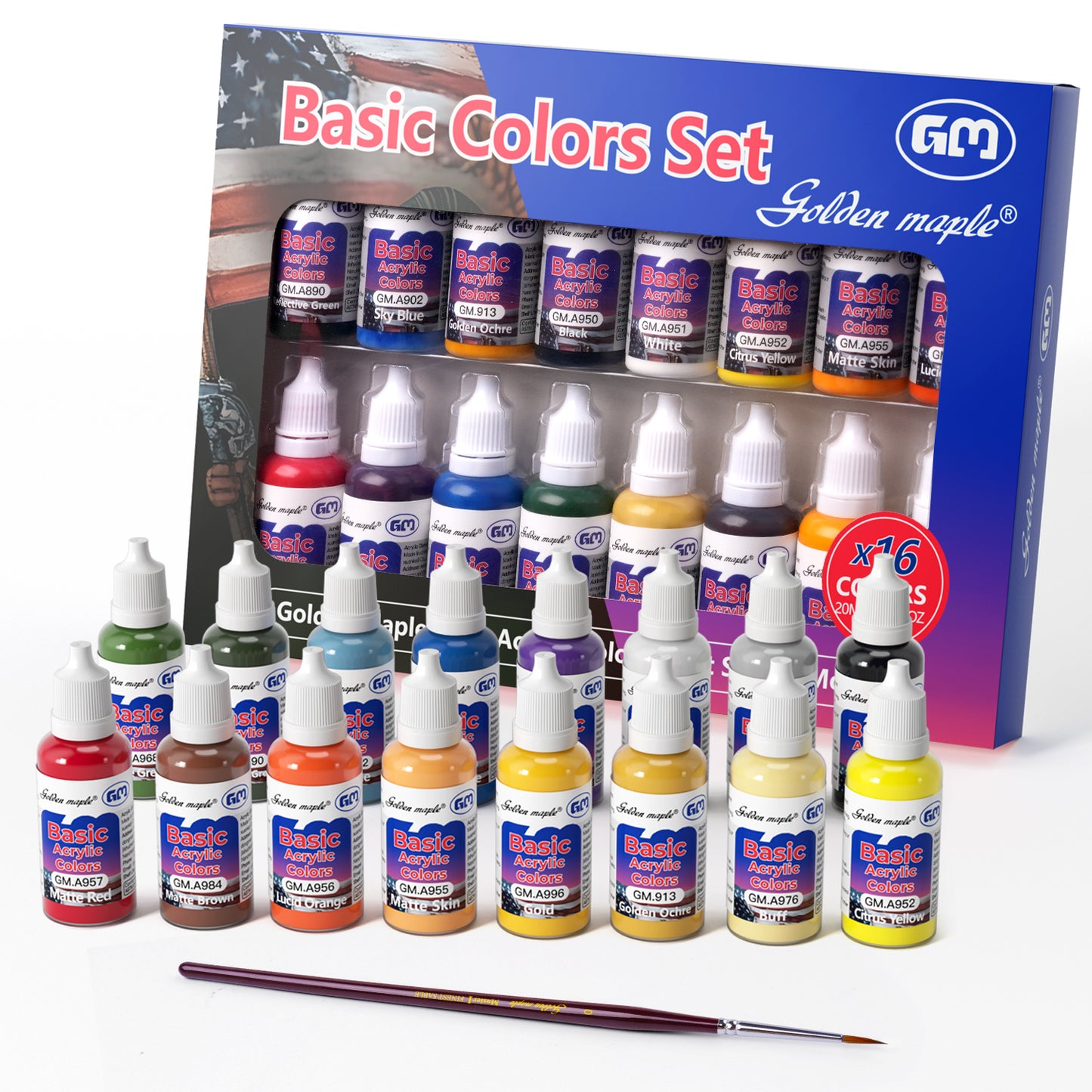 Golden Maple Miniature Paints Set - 16 x 20ml Basic Colors Acrylic Paint Set