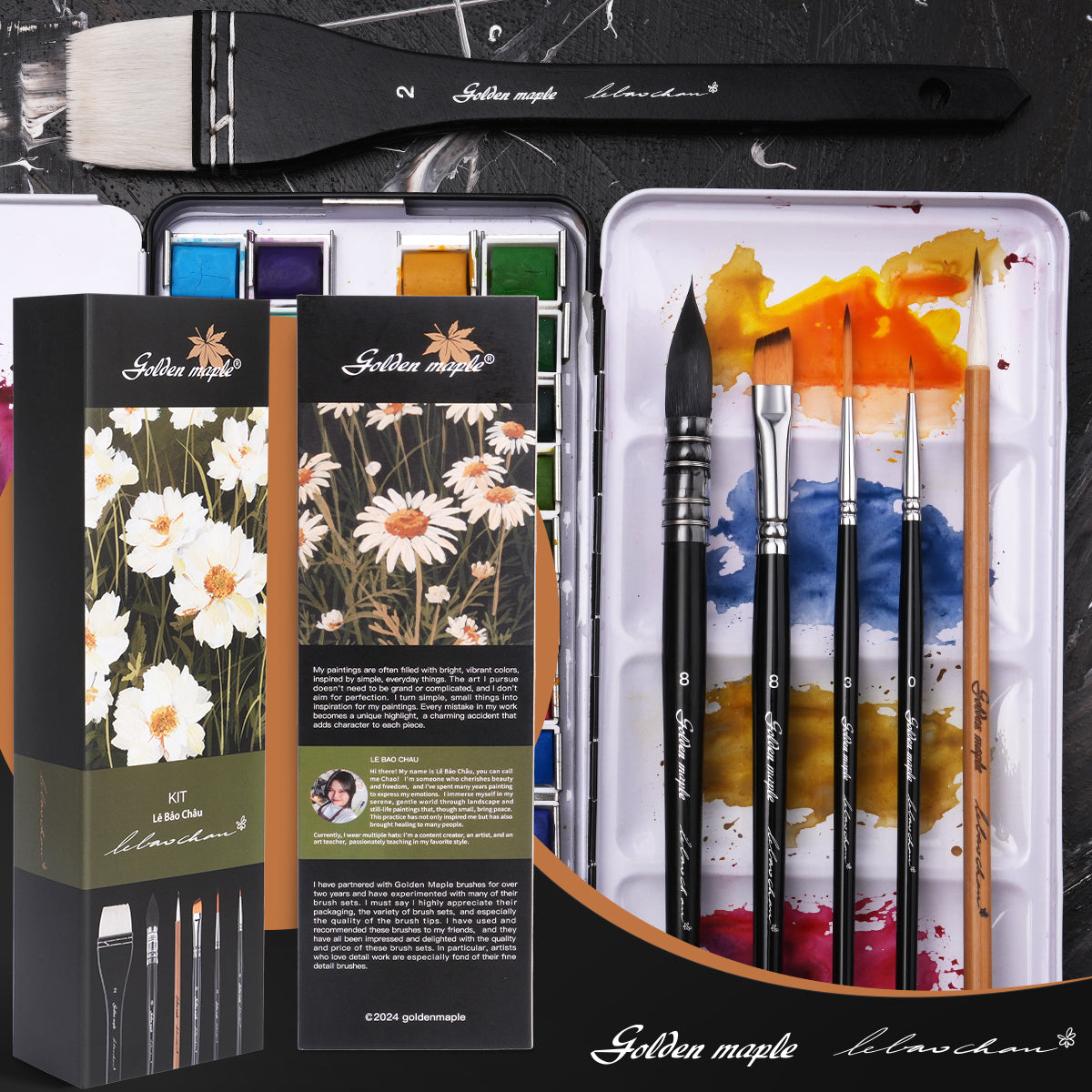 Golden Maple & Le Bao Chau 6PCS Professional Watercolor Gouache Brush Set