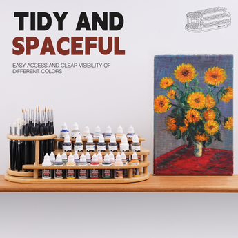 The paint and brush organizer neatly stores the brushes and paints inside.