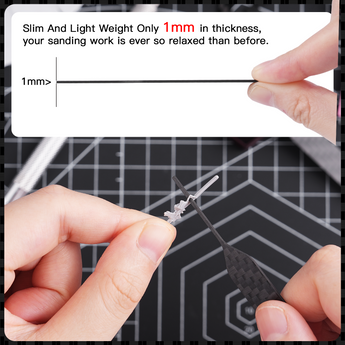 The carbon fiber sanding stick can sand details as small as 1 mm.
