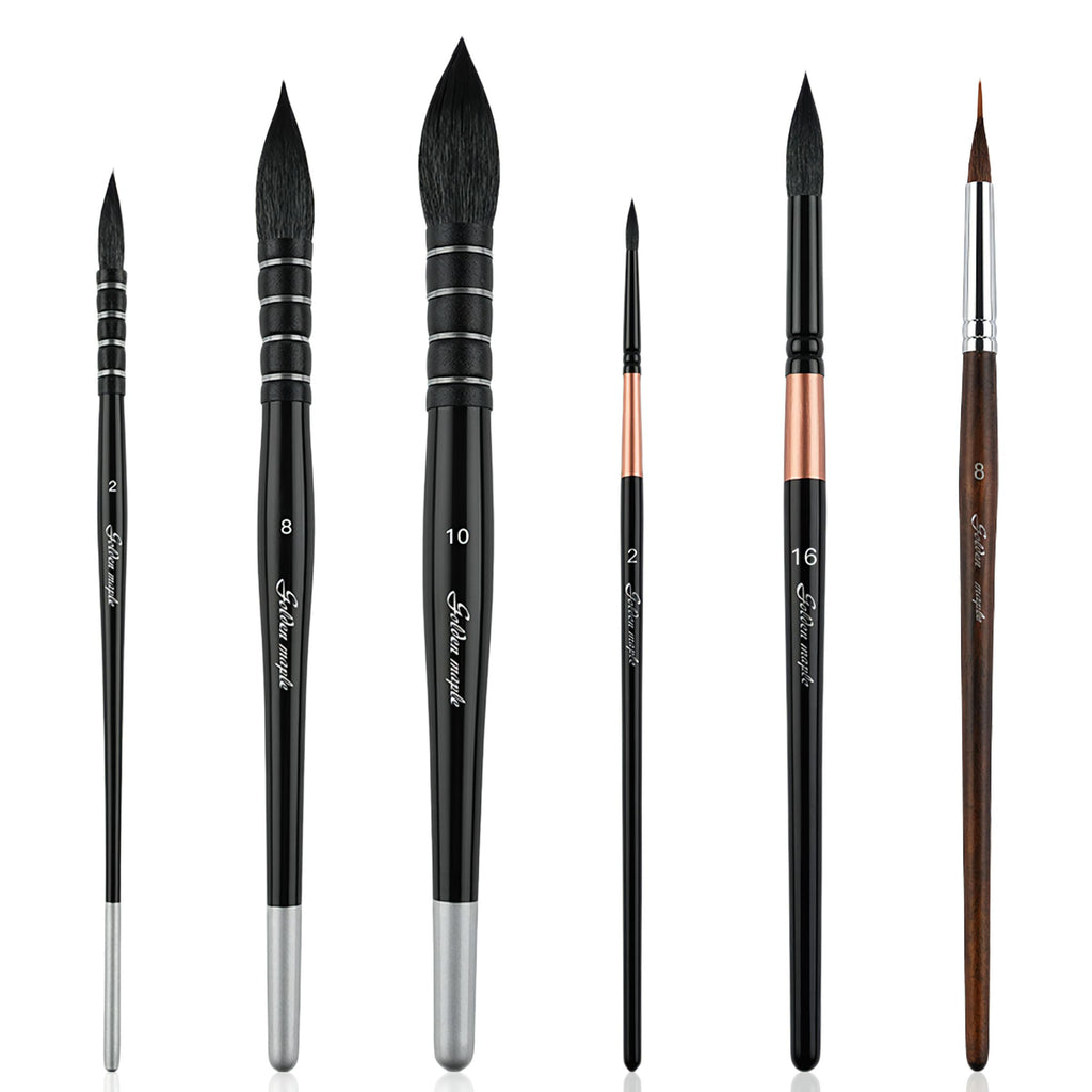 Golden Maple 6PCS Sable Hair Universal Watercolor Brush Set-Mop/Round/Needle Brushes