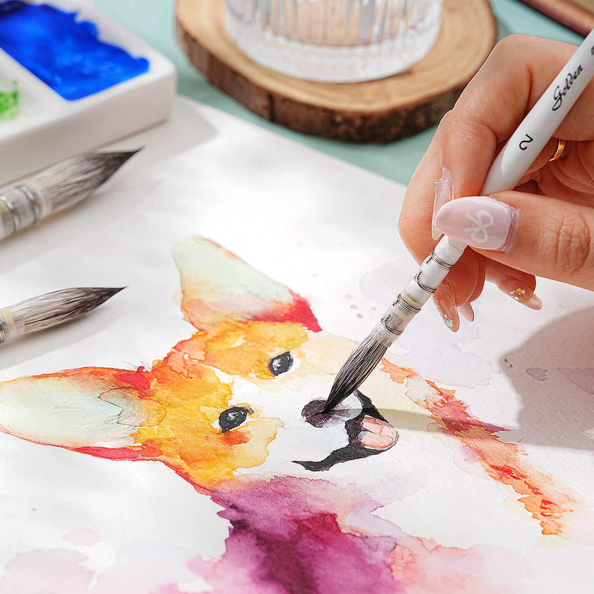 Natural Hair Mop Paintbrush With Round Quill Detail Fine Tip For Watercolor Gouache Ink Painting
