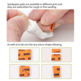 Sandpaper pads shown for rough or fine model sanding, highlighting their versatility and ability to be cut into shapes.