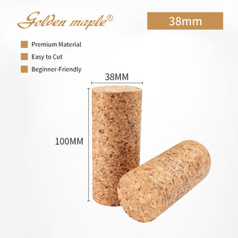 Golden Maple 38mm x 100mm cylindrical cork handle, premium, easy to cut, and beginner-friendly for DIY projects.