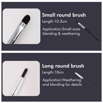 Detailed view of Golden Maple small round brush (blending, weathering) and long round brush (detailing, blending).