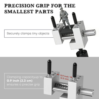 The mini precision miniature vise securely clamps tiny objects.