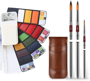 Pinceles de pintura de viaje de acuarela de arce dorado, 3 piezas de pelo de nylon con punta redonda con estuche de cuero para pintura (GM-travel-nylon)