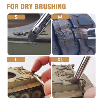 Golden Maple pastel brushes (S, M, L, XL) used for dry brushing on military vehicle models.