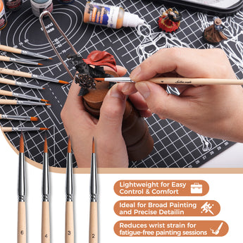 Paint miniature figures with lightweight brushes to reduce wrist pressure.