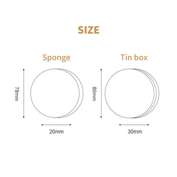 Size specifications for dry brush sponge and tin box: 78mm diameter sponge and 80mm wide metal storage container.