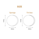 Size specifications for dry brush sponge and tin box: 78mm diameter sponge and 80mm wide metal storage container.