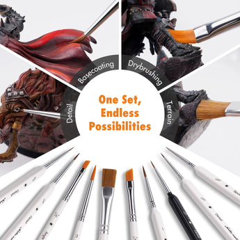 Versatile miniature brush set used for basecoating, drybrushing, and fine detailing on wargaming models.