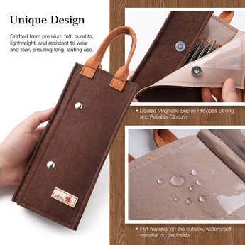 GoldenMaple brush travel case: durable felt, waterproof lining, magnetic buckle. Portable and protective design.