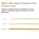 Close-up of 0.2mm, 0.3mm, and 0.5mm copper rods for fine detailing and structural support.