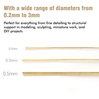 Close-up of 0.2mm, 0.3mm, and 0.5mm copper rods for fine detailing and structural support.