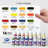 16 Vibrant Basic Acrylic Colors paint set, featuring color swatches including metallic Gold & Silver, and dropper bottles.