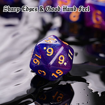 The purple polyhedral dice feature sharp edges and a pleasant feel in hand.
