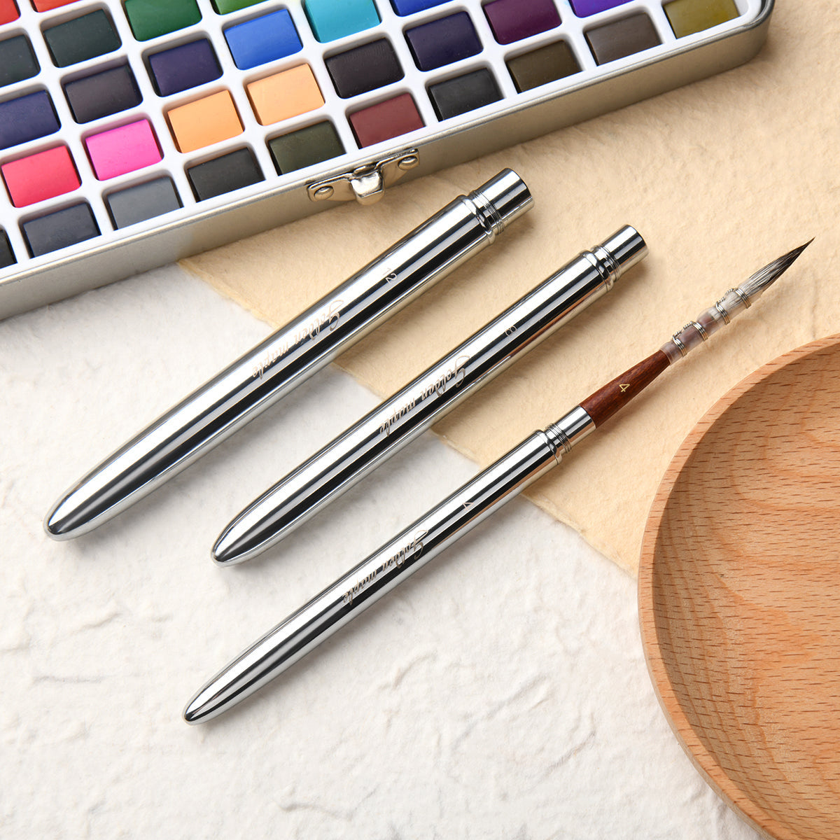 3PCS Natural Hair Travel Brush Set For Watercolor Inks Gouache Painting