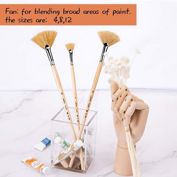 Fan blending brush set with sizes 4, 8, 12, ideal for watercolor and acrylic paint blending techniques.