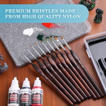 Premium Nylon Detail & Miniature Brush Set with Game Color Acrylic Paints in Pure White, Dark Green, Ruby Red.