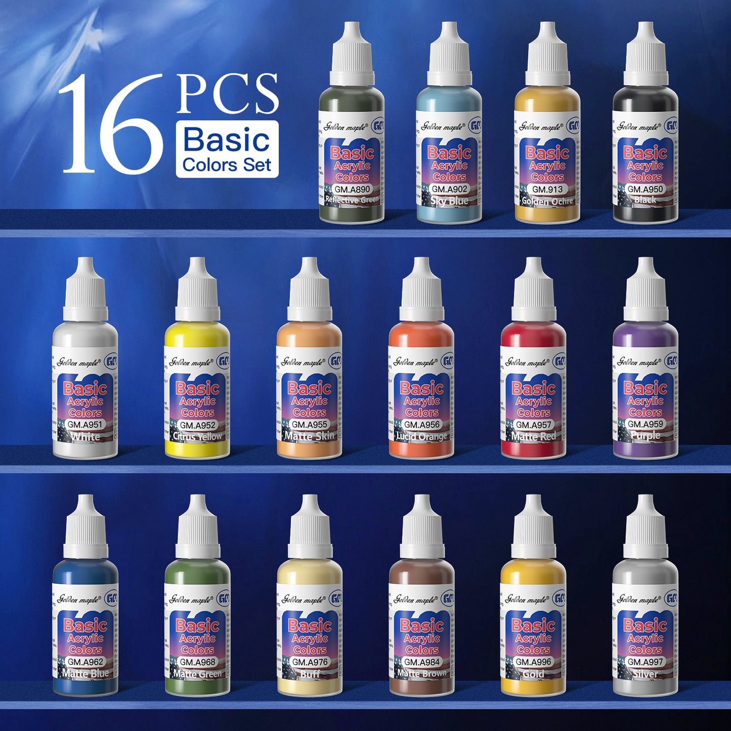 Golden Maple Miniature Paints Set - 16 x 20ml Basic Colors Acrylic Paint Set