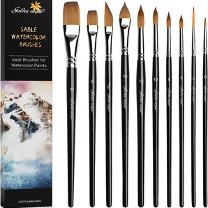 GoldenMaple 10pcs Sable Watercolor & Paint Brush Set: Fine Point Rounds, Dagger Striper, Filbert Wash, and Flats.