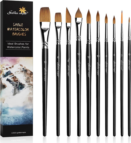 10PCS Sable Watercolor Paint Brush Set-Round Tip, Flats, Dagger, Oval Wash for Detail Painting, Water Color, Gouache