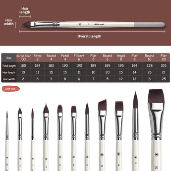 11-piece synthetic face paint brush set in multi-shapes, with detailed dimension chart.