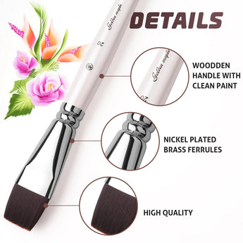 Flat Synthetic Paint Brush with white wooden handle & nickel-plated brass ferrule for watercolor, acrylic & oil painting.