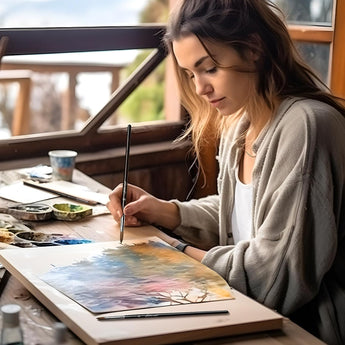 Woman artist painting a vibrant watercolor landscape using a GoldenMaple Sable Watercolor Brush on 100% Cotton Paper.
