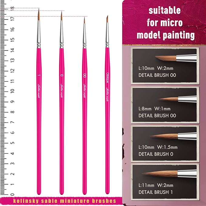 4PCS Rose Red Kolinsky Detail Brush Set Fine Round Point Shaped Oblique Shaped Painting Brushes For Watercolor Miniature Painting