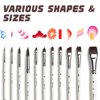 Diverse set of synthetic nylon art brushes: detail, miniature, round, flat, angled in various shapes & sizes for painting.