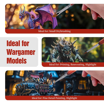 Detail brushes for wargamer models, ideal for drybrushing, priming, basecoating, highlighting & fine detail painting.