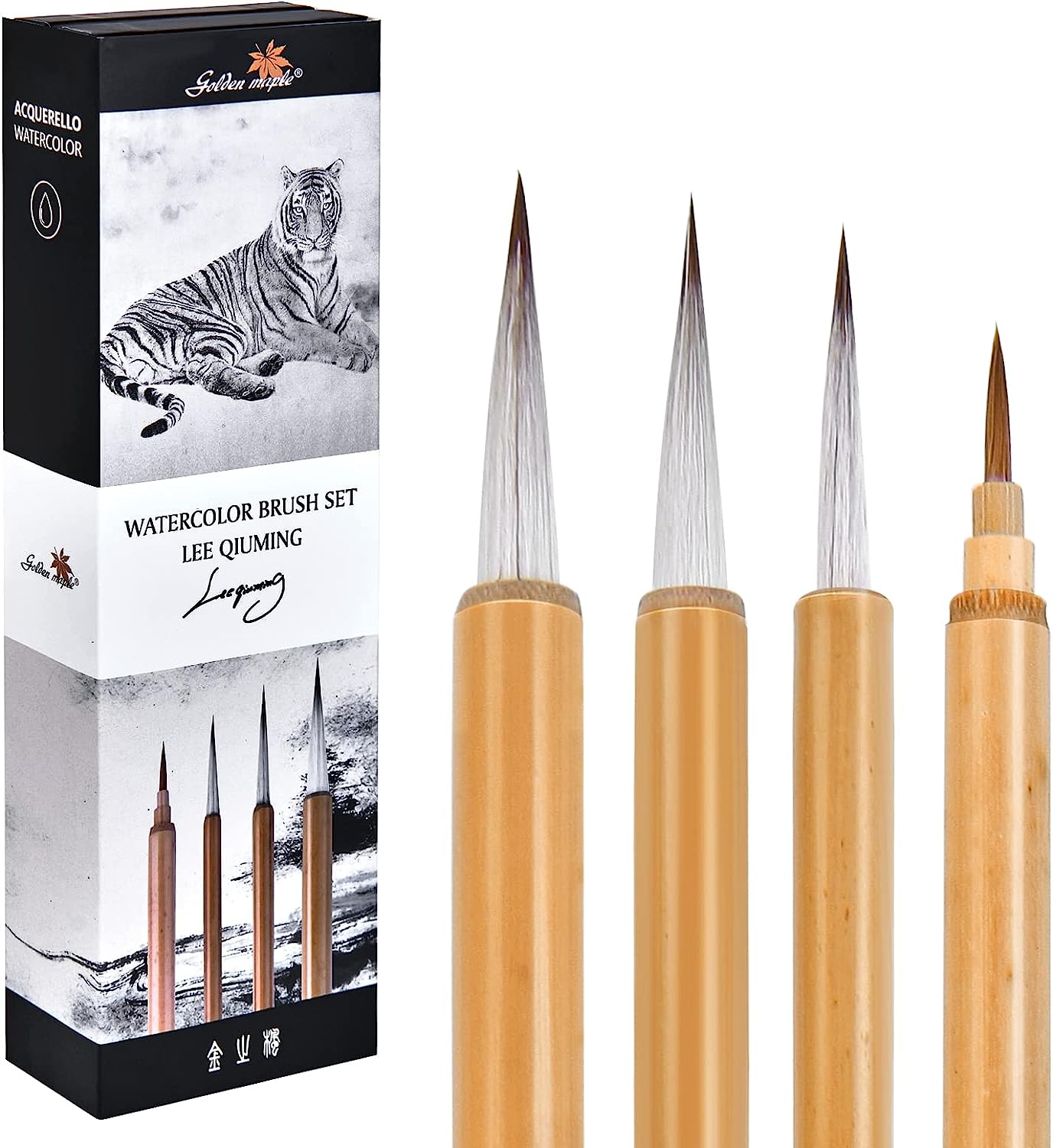 Golden Maple Chinese Calligraphy Brush, 1 Wolf Hair 3 Goat Hair Writing Painting Chinese Burshes (LQM-fengtao+DLZ-BOX-TIANDIGAI-4+MBJPGB2-GM+MBJZGXE-GM+MBJZGXS-GM+FDBL-XLG-GM)