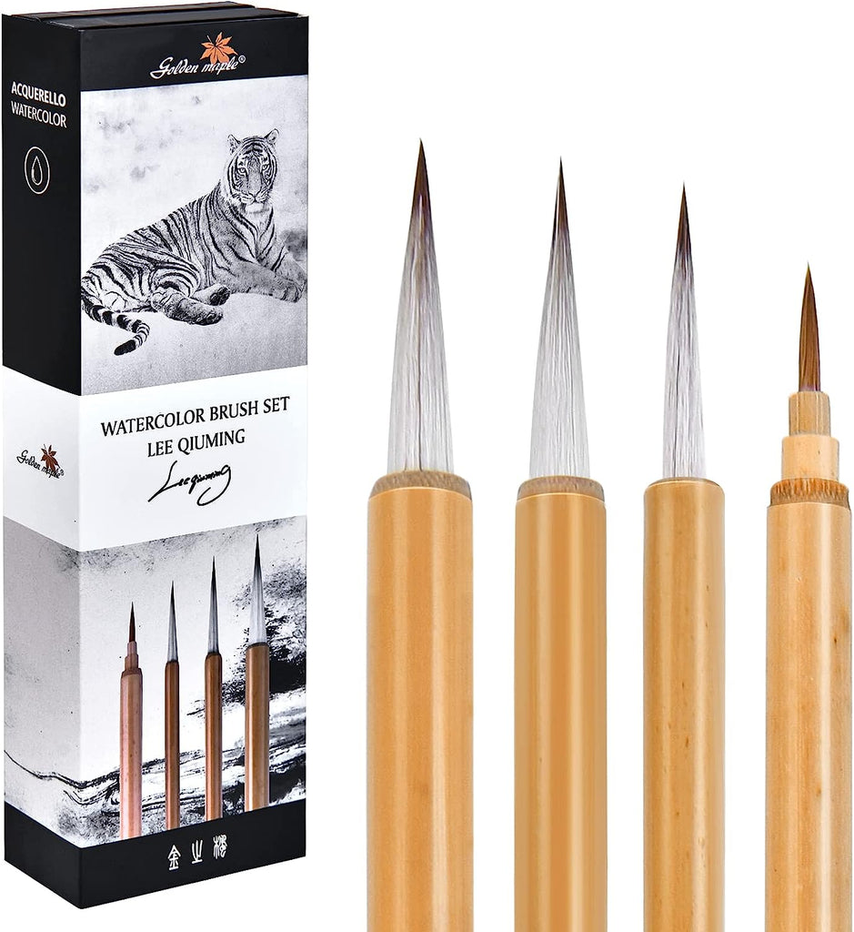 Golden Maple Chinese Calligraphy Brush Set, 1 Wolf Hair 3 Goat Hair Writing Painting Watercolor Brushes