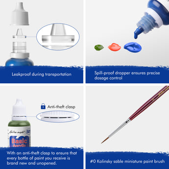 GoldenMaple leakproof acrylic paint bottle with spill-proof dropper, anti-theft clasp, and use a miniature brush to paint.