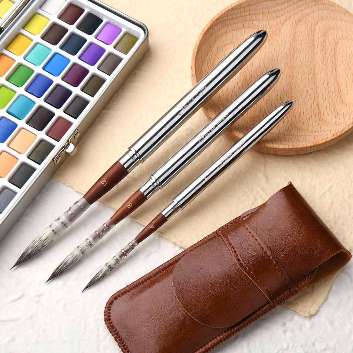 3PCS Natural Hair Travel Brush Set For Watercolor Inks Gouache Painting