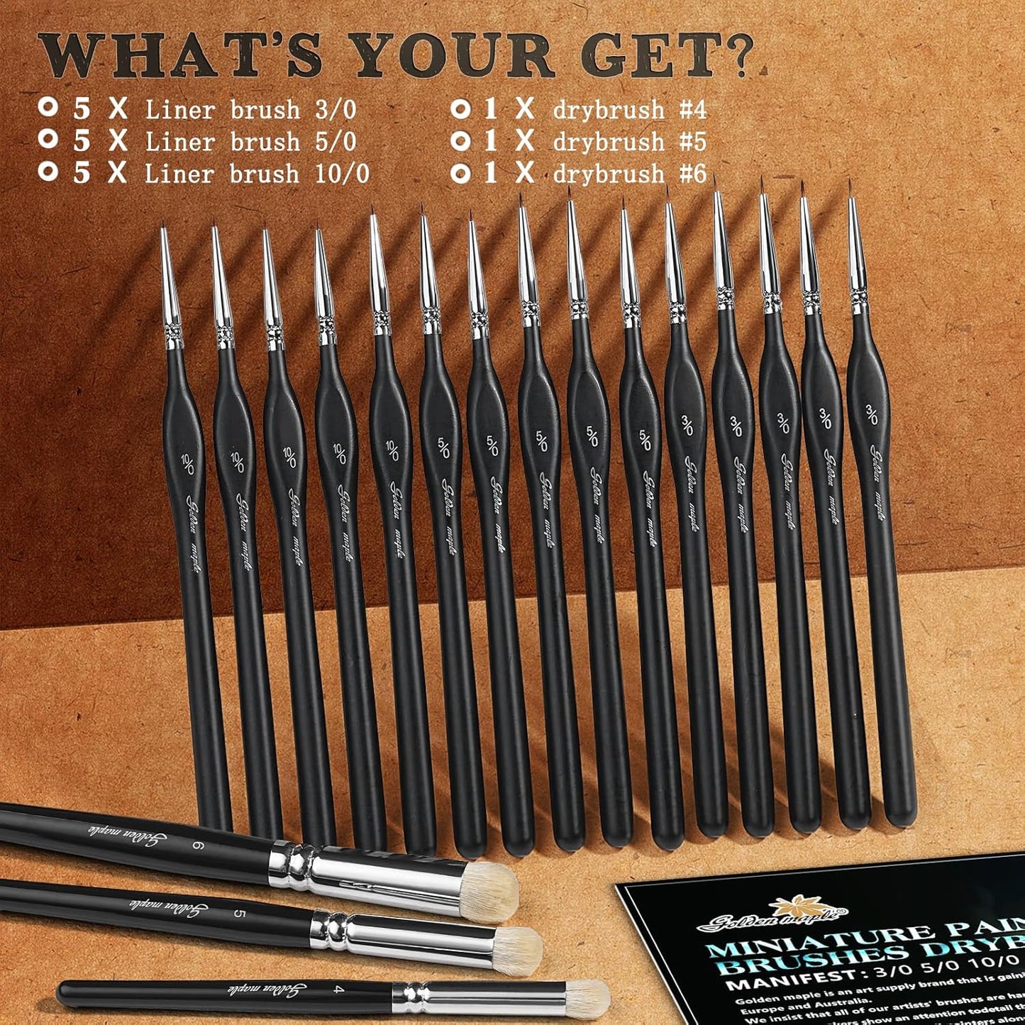 Большой набор сухих кистей Golden Maple 18PC с набором кистей для миниатюрных деталей 3/0 5/0 10/0 для легкой миниатюрной живописи