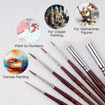 Kolinsky Sable detail brush set for miniature painting, perfect for Warhammer, Citadel, acrylic, watercolor & paint by numbers.