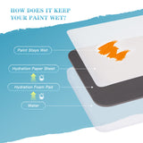 Wet palette system for artists: hydration paper, foam pad, and water keep acrylic and gouache paints wet, preventing drying.