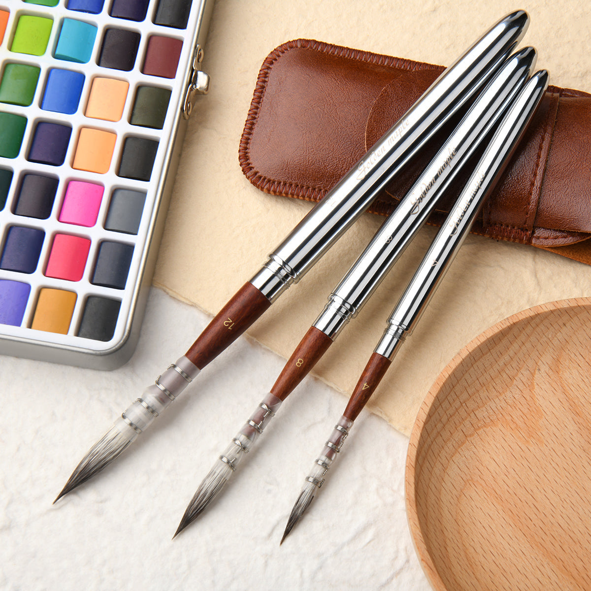 3PCS Natural Hair Travel Brush Set For Watercolor Inks Gouache Painting